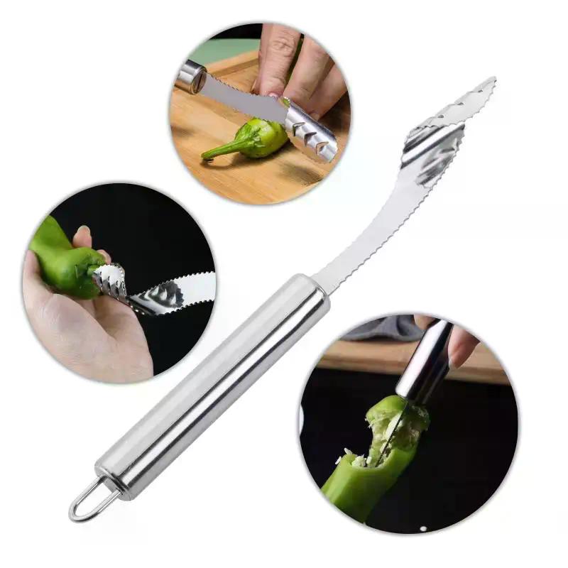 2pc Stainless Steel Corer Chili Corer Bitter Gourd Seed Remover Core Digging Knife Green Pepper Cutter Seed Digging Tool Kitchen