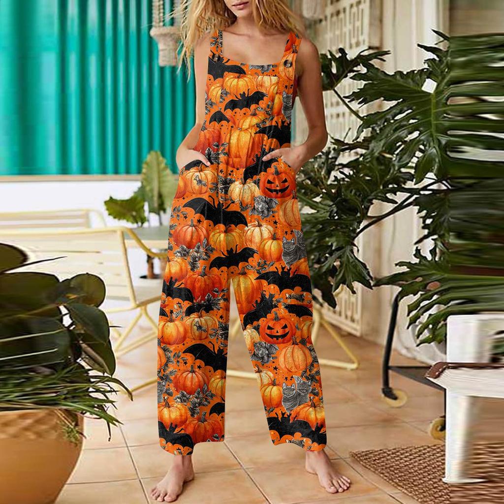 Damenmode Halloween-Print Lässiger Vintage Ärmelloser Knopf-Jumpsuit