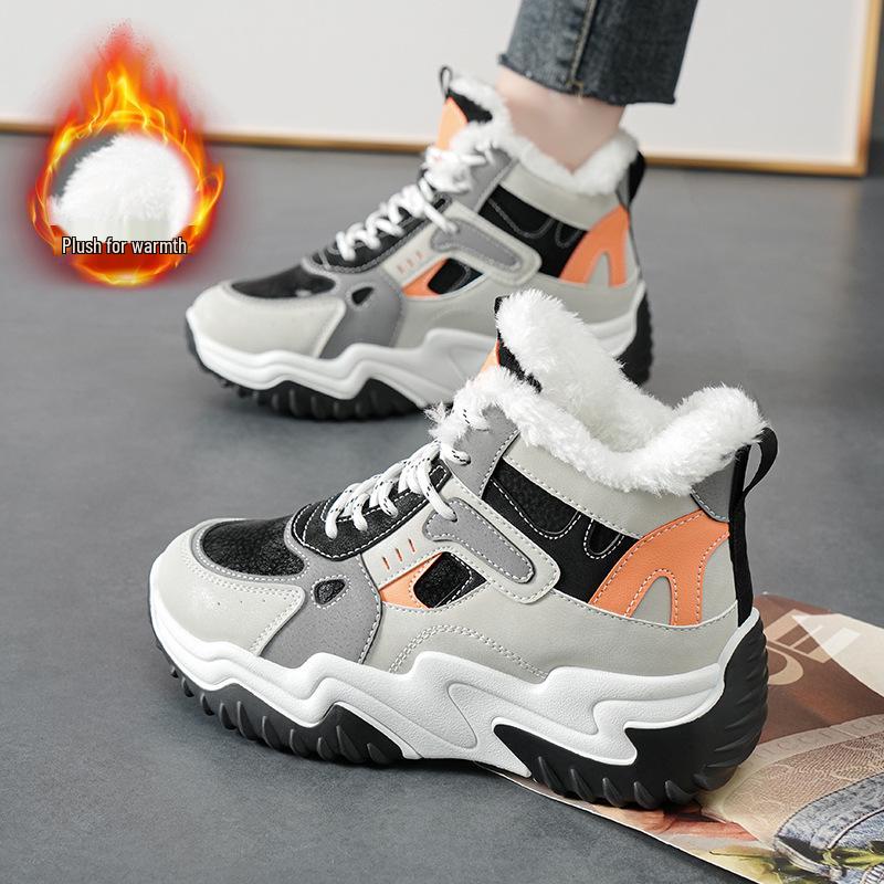 Women's 2025 Autumn White High-Top Dad Sneakers: Plus Velvet, Thick Sole, Versatile Casual Sports Shoes.