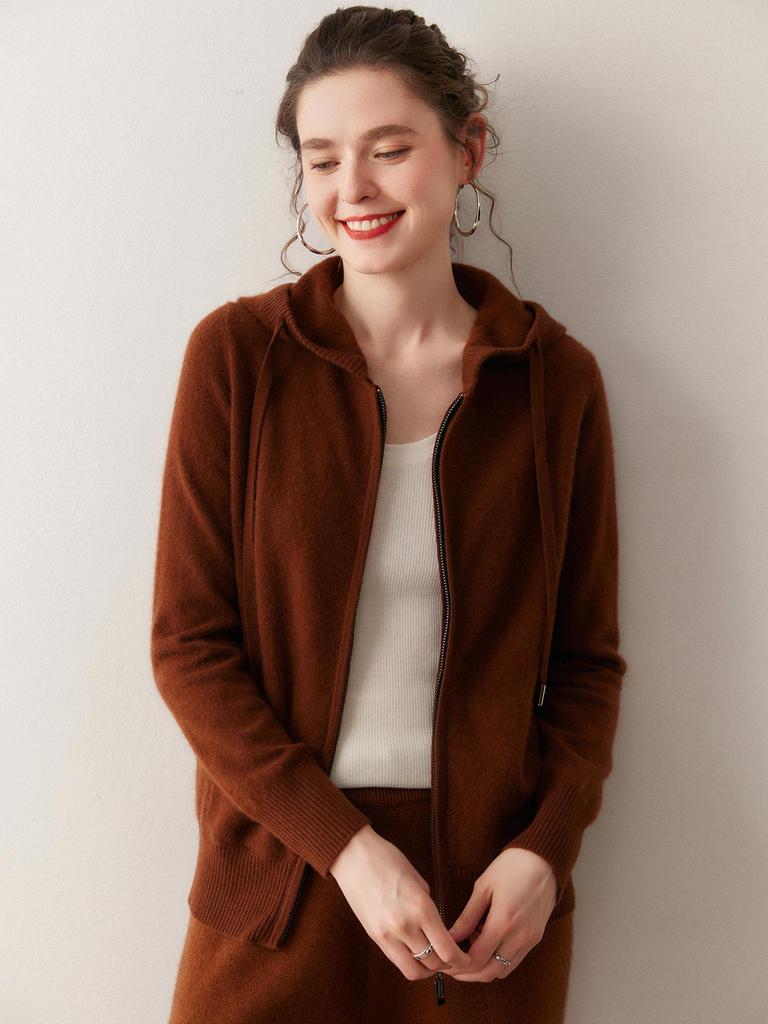 Women's Casual Hooded Cashmere Cardigan with Zipper & Pockets