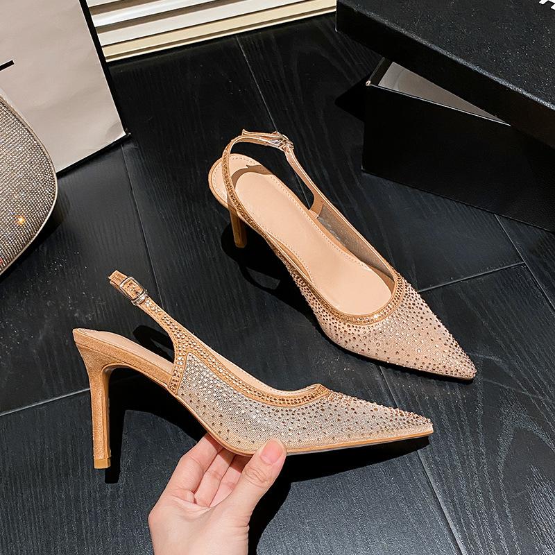 WO Huizhou 2025 summer new European and American fashion pointed mesh yarn rhinestone fine high heel temperament bag head sandals women