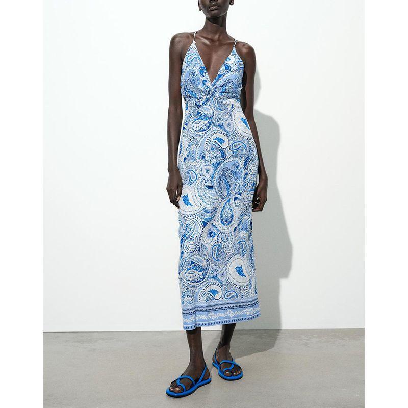 Summer New Women Clothes European and American Leisure V-neck Knot Decoration Print Fashion Temperament Midi Dress 3558671