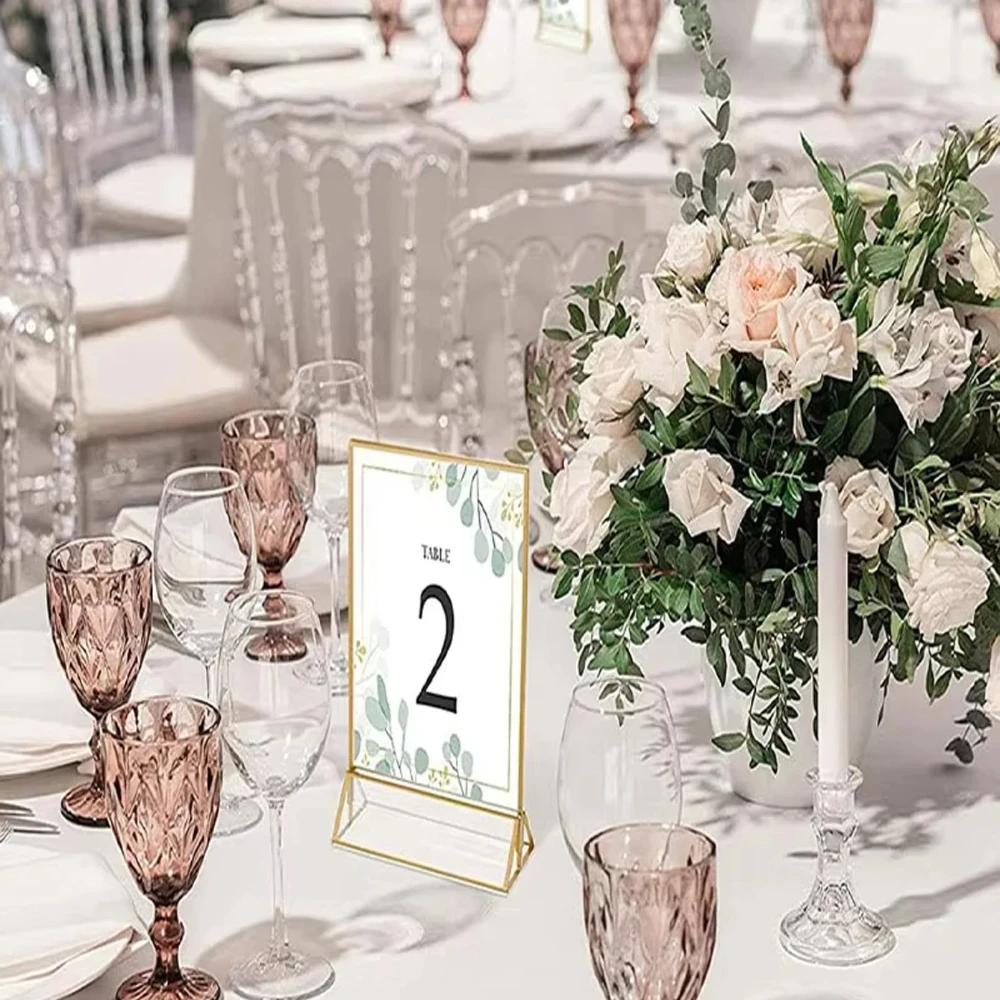 2/6pc Transparent Acrylic Wedding Table Number Holders,Double-Sided Golden Photo Frame Sign Stands for Menu Cards Place Settings
