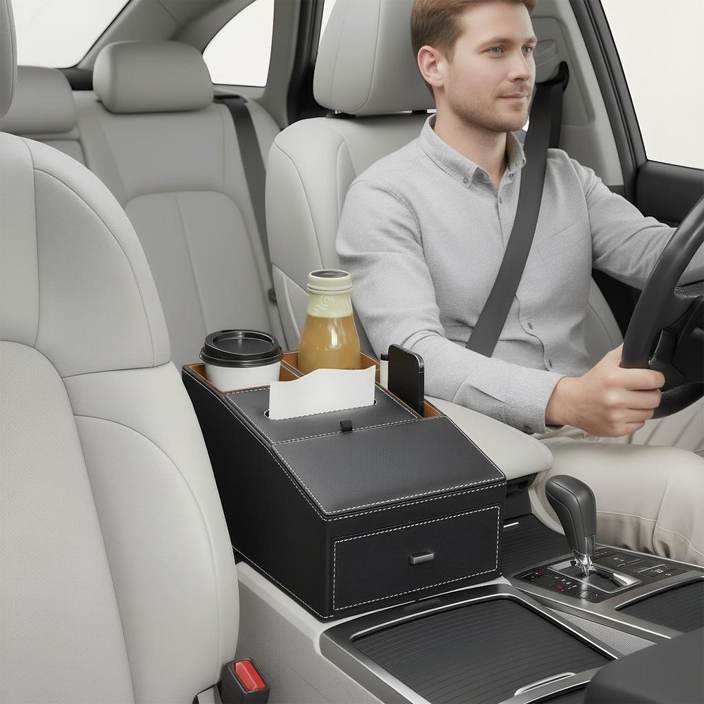 Car Armrest Organizer Ergonomic Dispenser Car Console Organizer With Cup Holder For Automotive Interior Phone Accessories