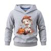 Festive kids hoodie with cartoon witch girl, pumpkin and maple leaves graphic, breathable material, perfect for family gatherings and seasonal trips.