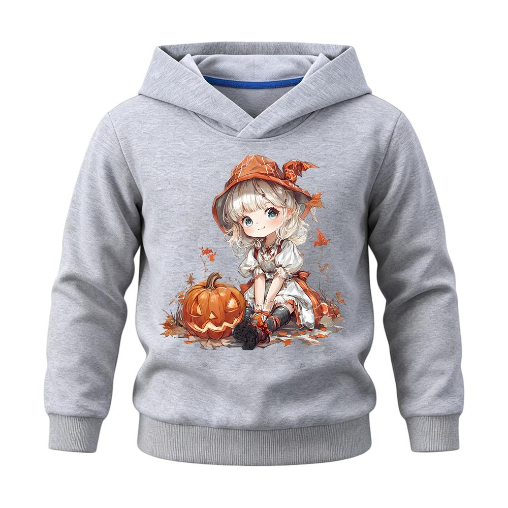 Festive kids hoodie with cartoon witch girl, pumpkin and maple leaves graphic, breathable material, perfect for family gatherings and seasonal trips.