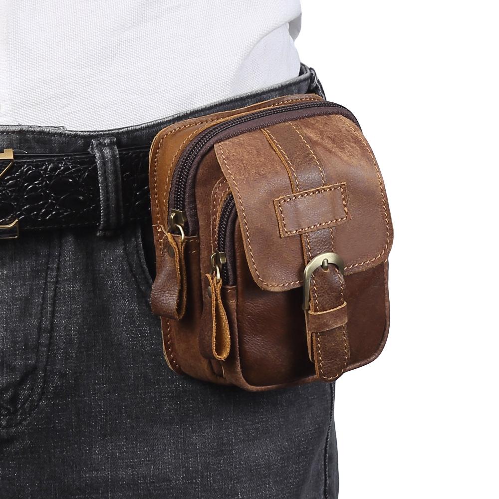 Leather Men'S Matte Leather Zipper Fanny Pack Outdoor Sports Waist Bag Men'S Construction Site Work Wear-Resistant Mobile Phone Fanny Pack