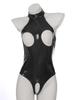 Body da donna in vernice per clubwear con scollo all'americana, stile senza cavallo, gonna a balze attaccata, dettaglio con cerniera, outfit da sera