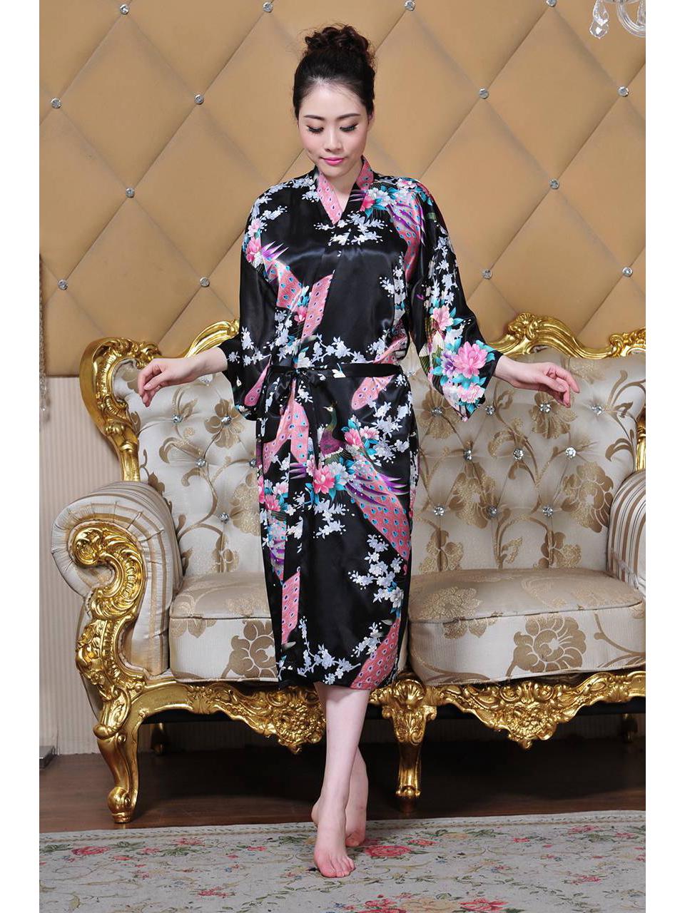 

Women s Summer Peacock Pajamas Bathrobe - Thin Imitation Silk Long Tie Cardigan One Size чёрный