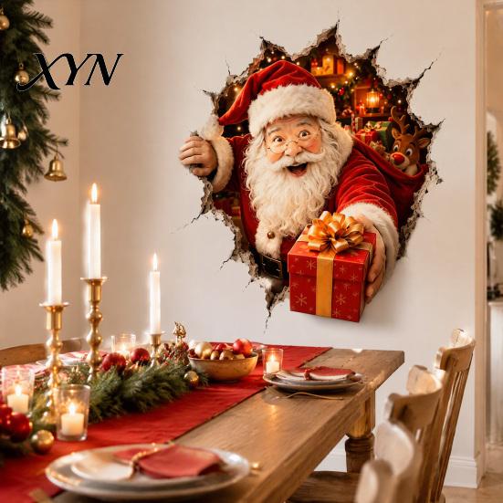 Seasonal Wall Art Christmas Break-In 3D Decal, Santa Claus/Deer/Snowman/Elf/Dog/Nutcracker/Gingerbread Man Patterns Window Holiday Atmosphere