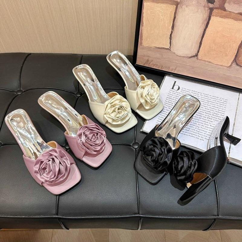 Square head one-word drag new summer new flower temperament sandals with skirt high-heeled slippers