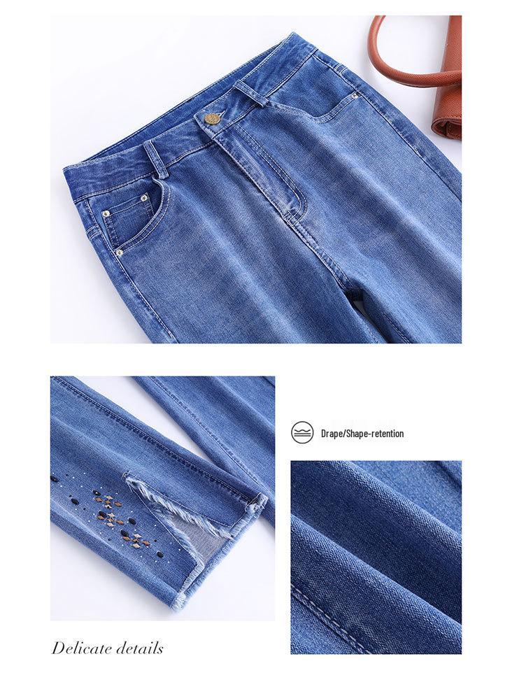 2025 Women's Slimming High-Waisted Micro-Flared Jeans with Slit and Raw Edge Detail for Spring