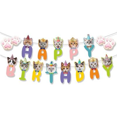 Cat Themed Birthday Banner - Cat Face and Paw Print Happy Birthday Decor, for Boys, Girls, Kids, Adults and Pets