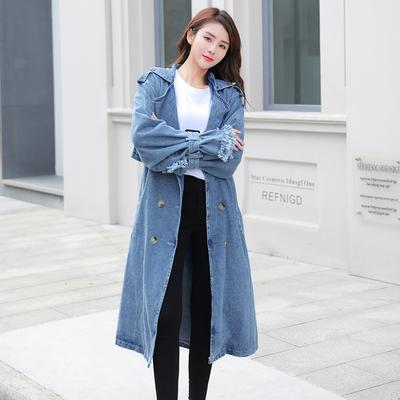 Jachetă de vânt din denim pentru femei, mărime mare, largă, de lungime medie, cu două rânduri de nasturi și curea