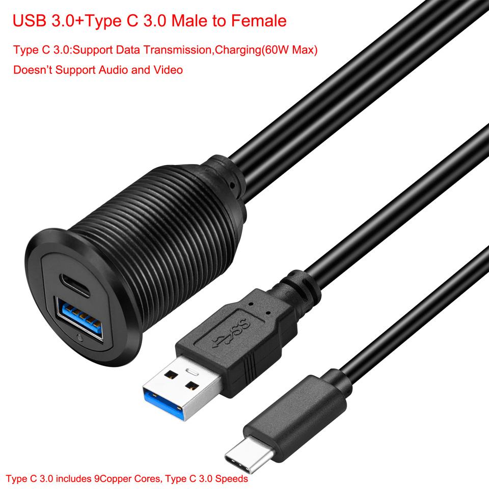 Bochara USB3.0+Type C 3.1 3.0 Male To Female Extension Cable Flush Mount Panel Dashboard Aluminum Alloy With Indicator