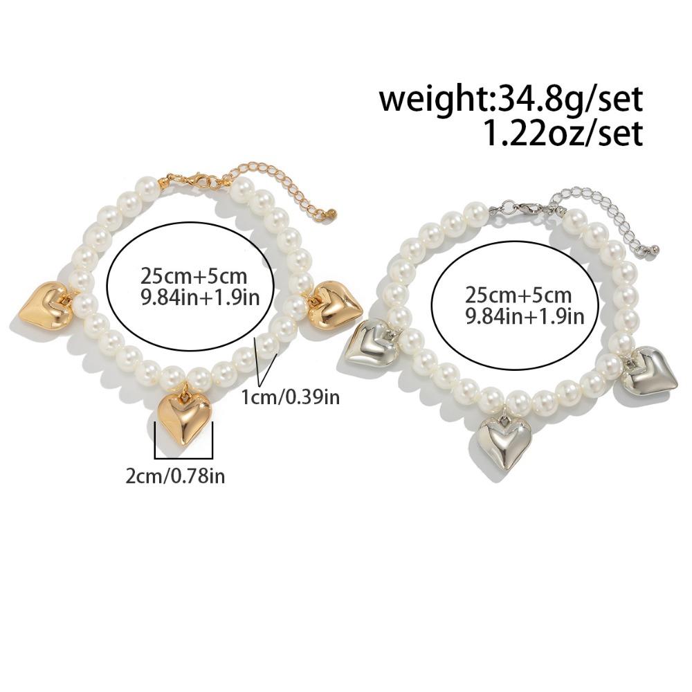 Trendy Charm Bright Surface Metal Heart-shaped Pendant Tassel Imitation Pearl Beaded Anklets for Women Jeans Ankle Chain Jewelry