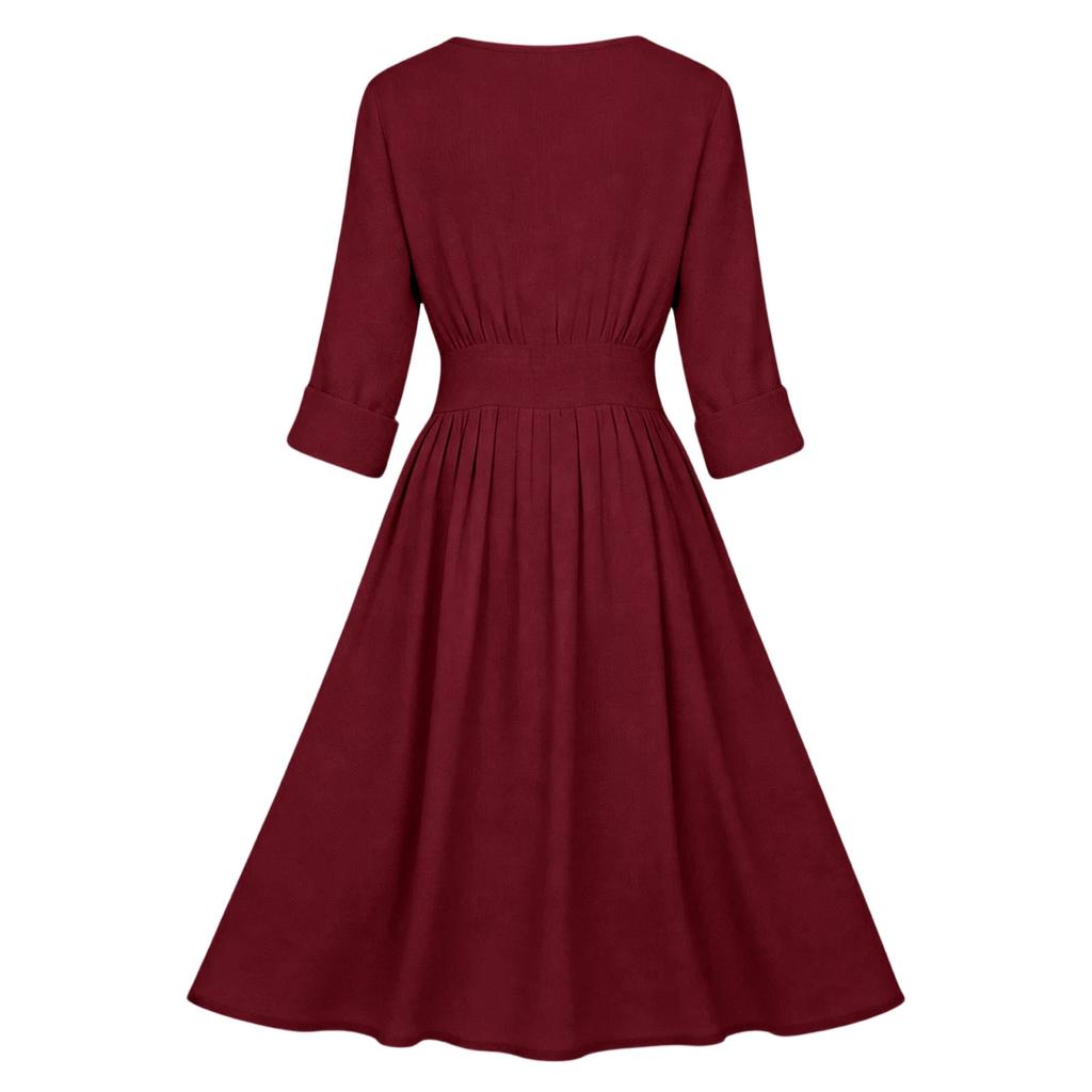 Women’s Casual Long Sleeve Crew Neck Dress with Waist Design Cotton Linen Material Relaxed Fit Midi Length for Everyday Wear
