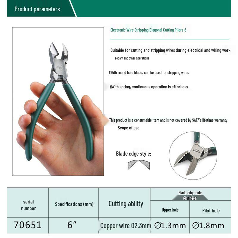 SATA 70651 6-Zoll-Industrie-Elektrikerzange – Multifunktionales Abisolier- und Schneidwerkzeug