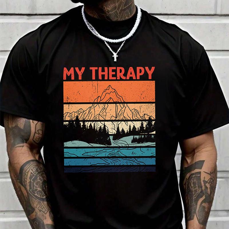 Hiking Is My Therapy Men's Casual Tshirts For Summer Short Sleeve Comfortable Tops