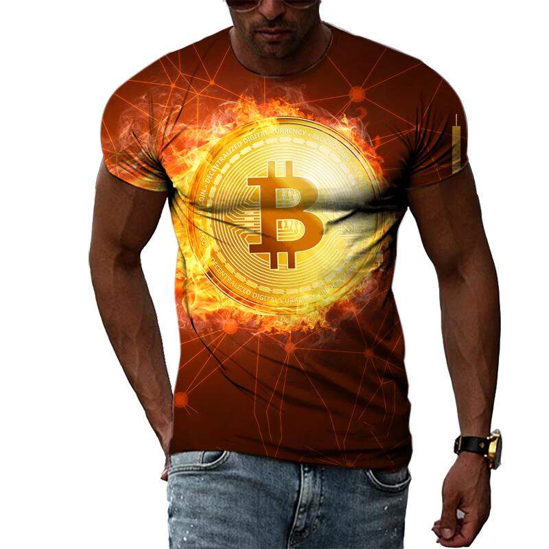Summer Fashion Abstract Bitcoin 3D Print Tee Hip Hop Harajuku Personality Round Neck Short Sleeve Casual Men's T-shirts