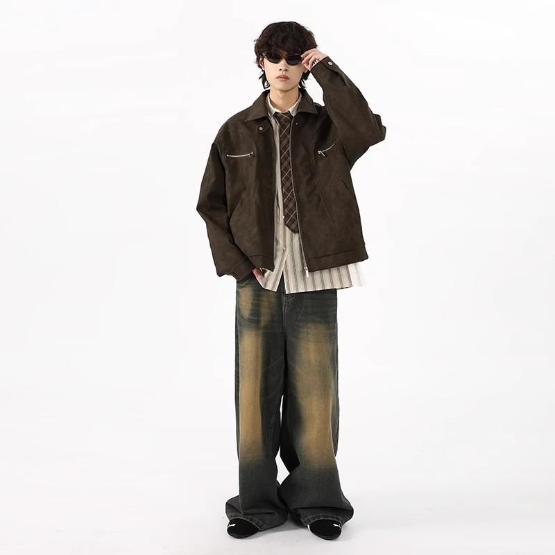 Men's Vintage Washed PU Leather Motorcycle Jacket - Loose Fit, High-End Vibe, Spring/Autumn