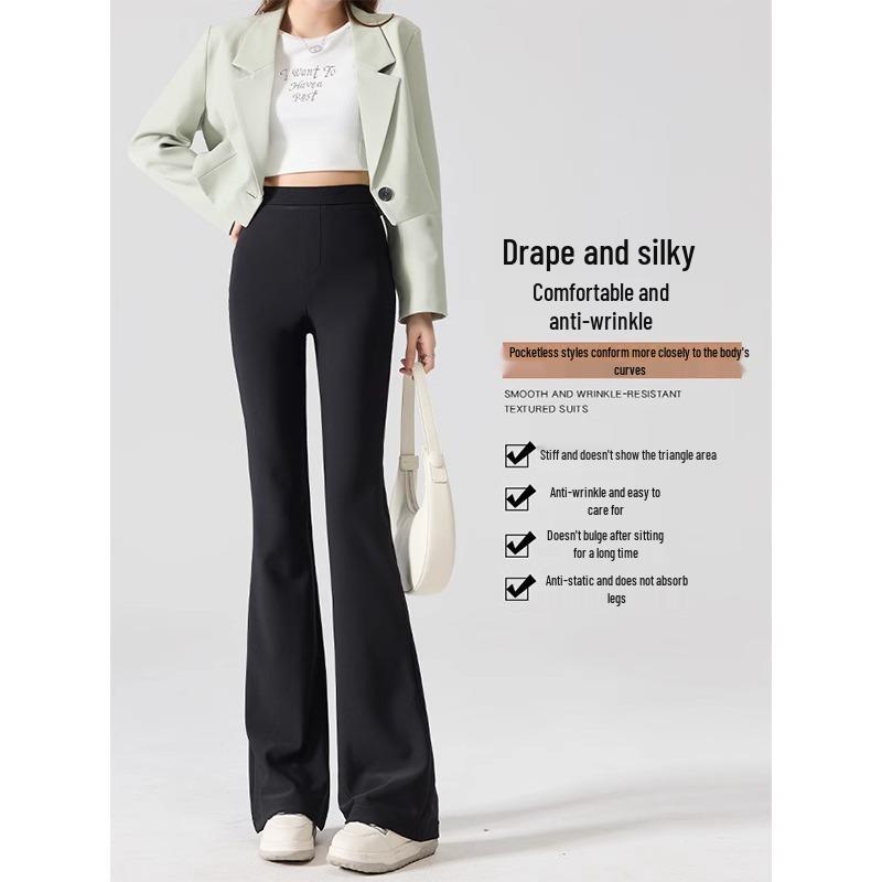 2025 Women's Black High-Waist Micro Flare Pants with Velvet, Slimming Drape, for Spring & Autumn