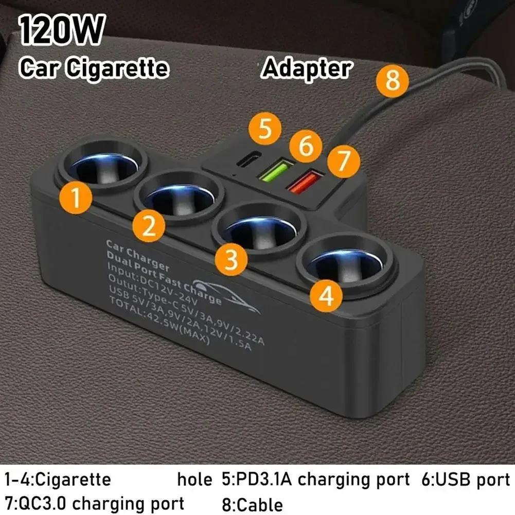 Car 3 In 1 Dual USB Socket 120W Car Cigarette Lighter Splitter 12V 24V Fast Charger Plug Phone Power Adapter for DVR GPS Dashcam