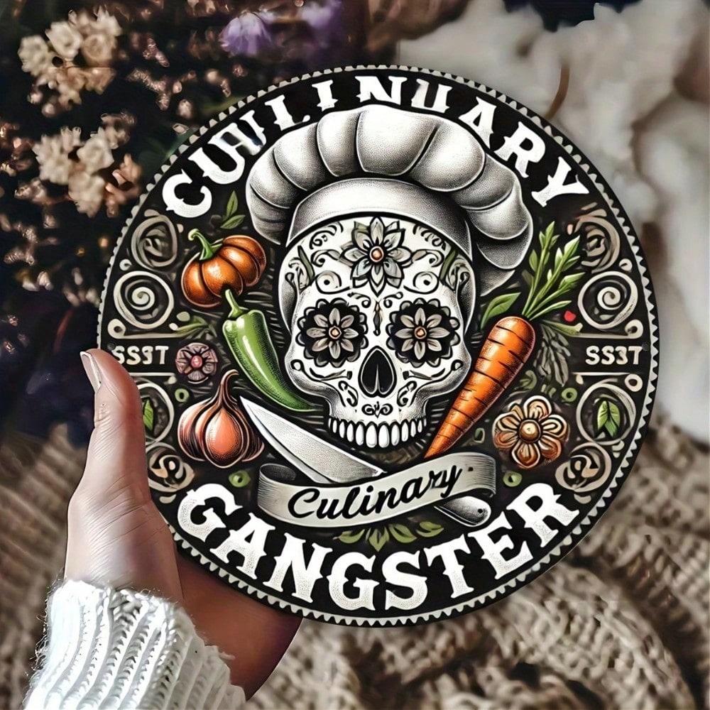 

Vintage Skull Chef Metal Sign, Culinary Gangster Round Wall Art 8x8 Inch Aluminum Plaque Heat Resistant Kitchen Decor 20x20 різнокольоровий