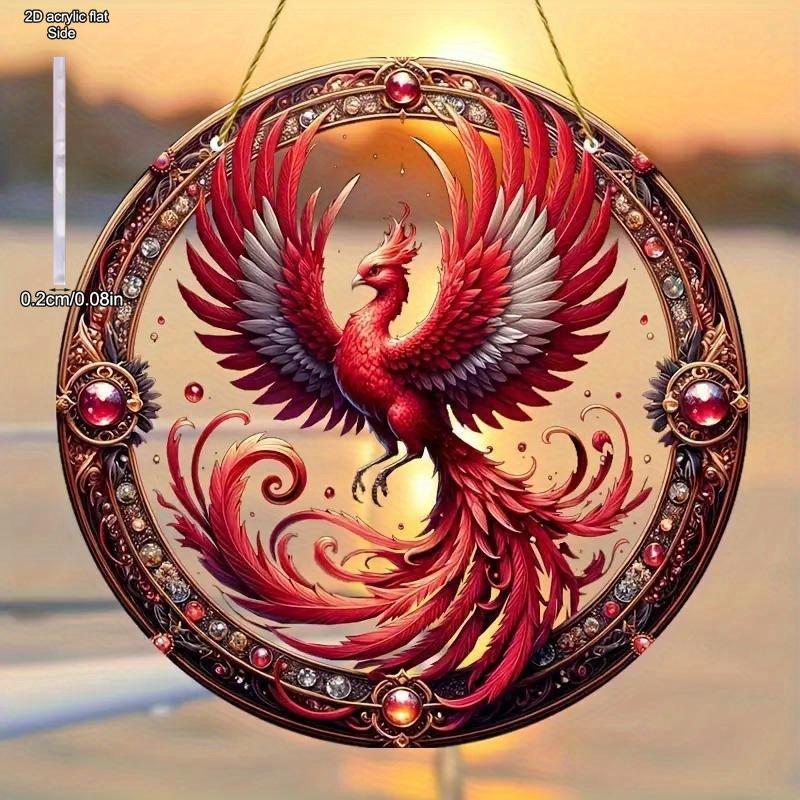 Suncatcher Fenice di Natale in Acrilico Vintage, Appeso Rotondo in Acrilico 2D, Decorazione Finestra Stile Vetro Colorato per Giardino e Cortile in Stile Farmhouse