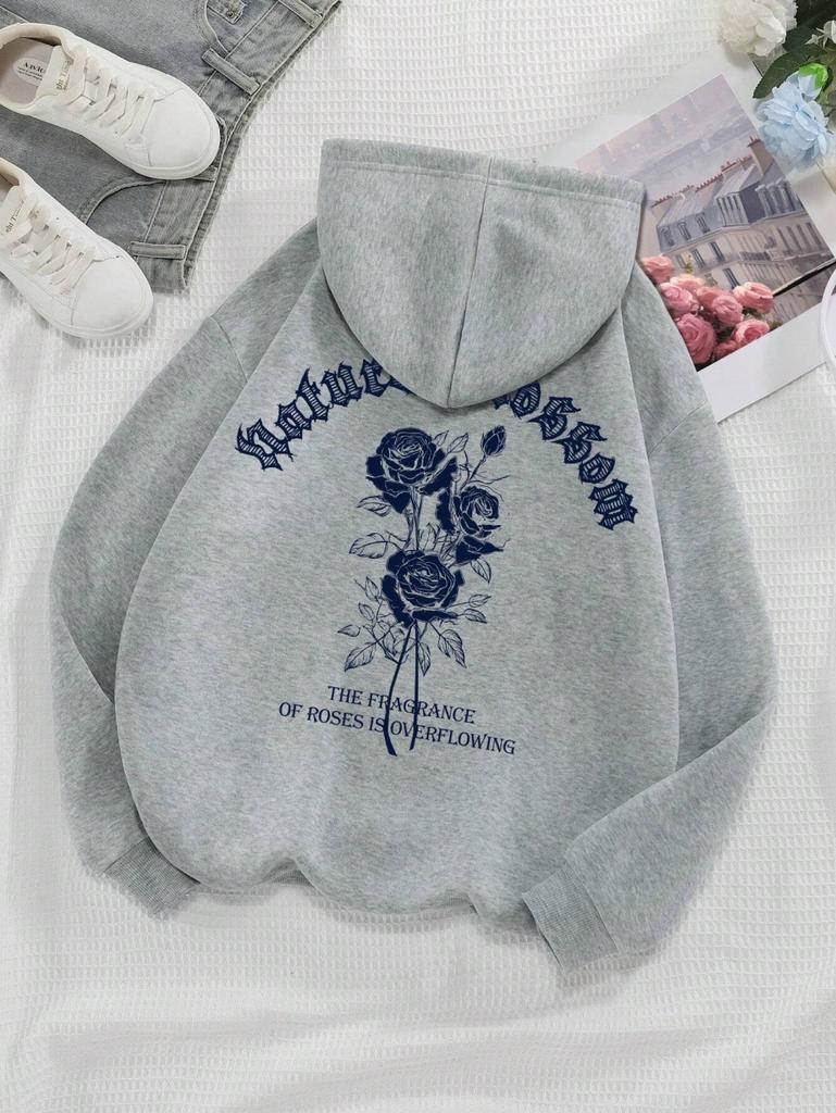 Fashion Women's Hoodie Retro Letters and Flowers Printed Sweatshirt Spring Round Neck Pullover Loose Women's Tops Graphic Y2K