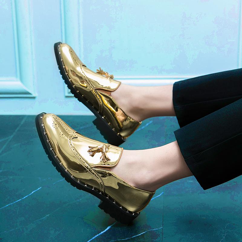 Men's Gold Tasseled Loafers Gold Dress Wingtip Shoes Stylish Leather Prom Blazers Dance Disco Party Shoes Large Size