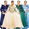 Plus Size Women Sequin V-Neck Maxi Dress Long Sleeve Pleated Satin Formal Evening Gown with Belt