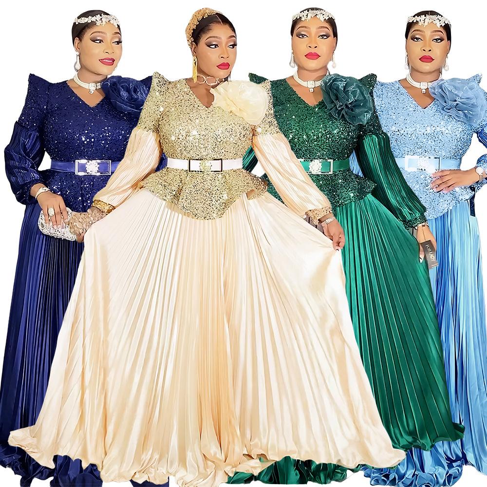 Plus Size Women Sequin V-Neck Maxi Dress Long Sleeve Pleated Satin Formal Evening Gown with Belt