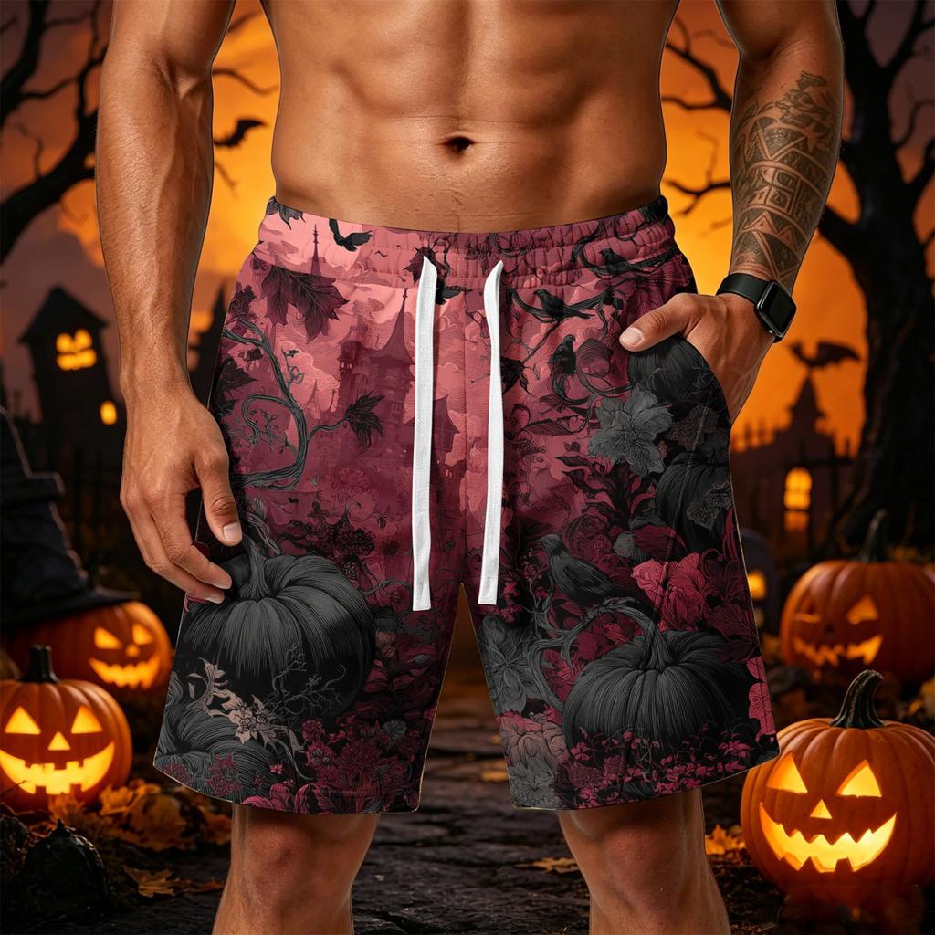 Men Loose Fit Halloween Themed Shorts with Pockets Drawstring Waist Athletic Casual Shorts for Sports and Wear
