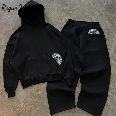 RogueWave Trendiger High Street Retro Lässiger Streetwear Herren Sportanzug Y2K Harajuku Print Hoodie Herren Hip-Hop Lockere Sweatpants