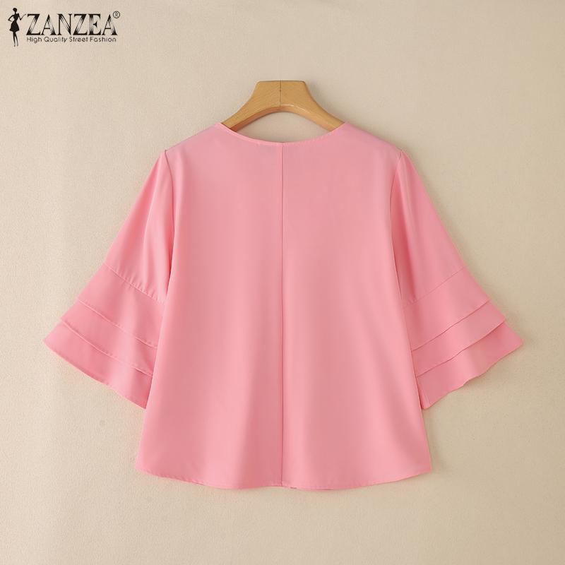 ZANZEA Women Casual Round Neck Ruffles 3/4 Sleeve Loose Blouse
