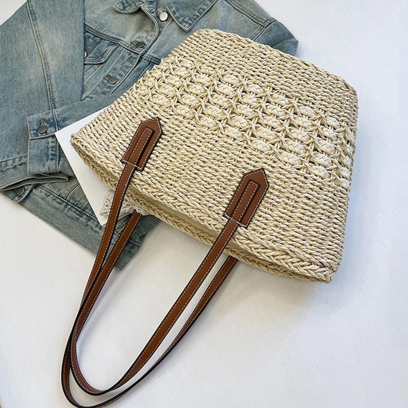 Yogodlns Summer Straw Woven Large Capacity Seaside Tote Bag Women's Basket New Beach Bag Shoulder Underarm Handbag