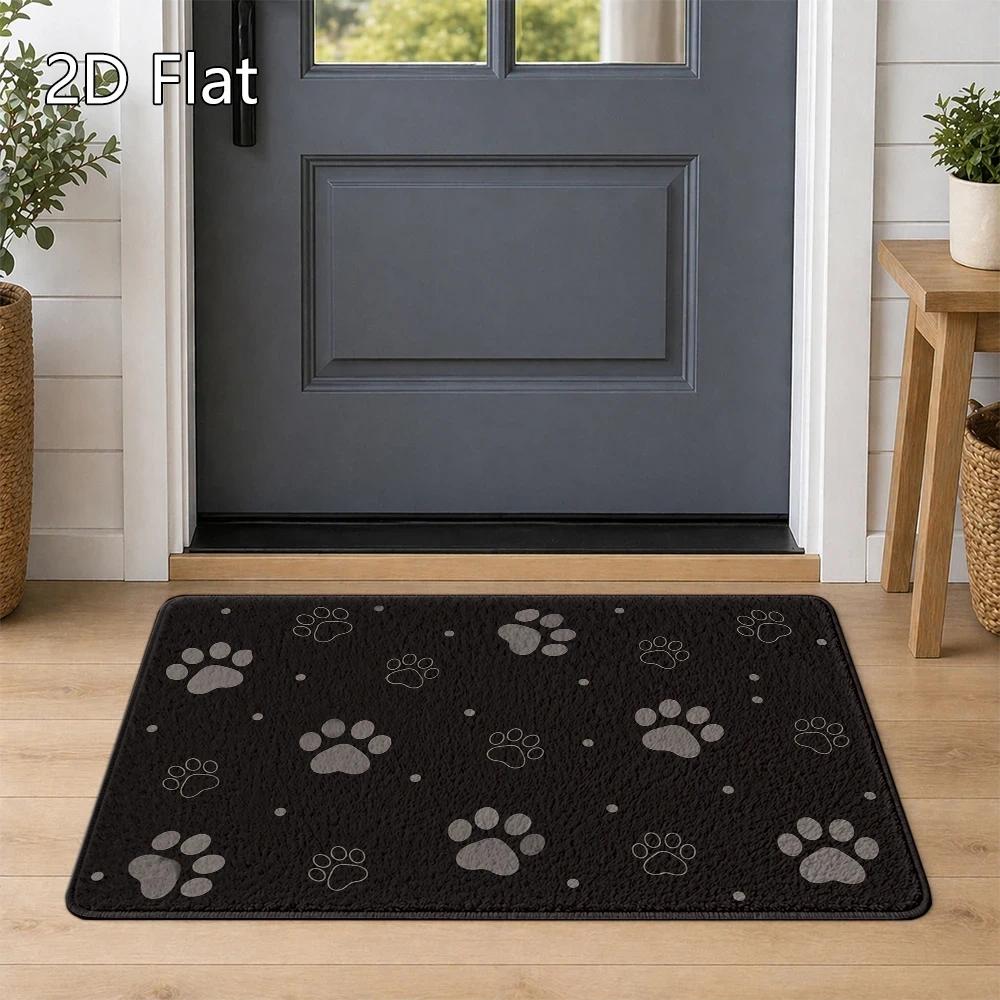 1pc Black Background with Gray Pet Paw Print Doormat, 0.8mm Flannel Thickness, Durable,, and Machine Washable, Suitable for Living Room, Bedroom, and