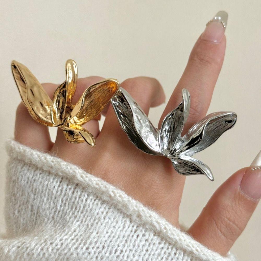 Korean Style Leaf Shape Ring Minority Design Punk Finger Ring Creative Exaggerated Ring  Gift
