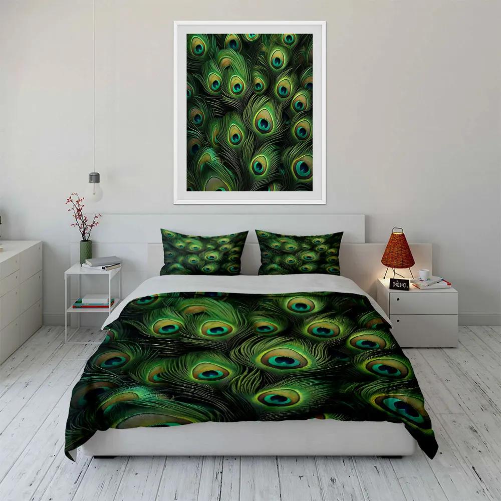 Peacock Feather Decor Set Soft Comfortable Duvet Cover Bedding Set Included 1*Duvet Cover & 2*Pillowcases Gift