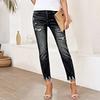Ladies' Fashionable Straight Leg Ripped, Flanged And Fringed Casual Jeans