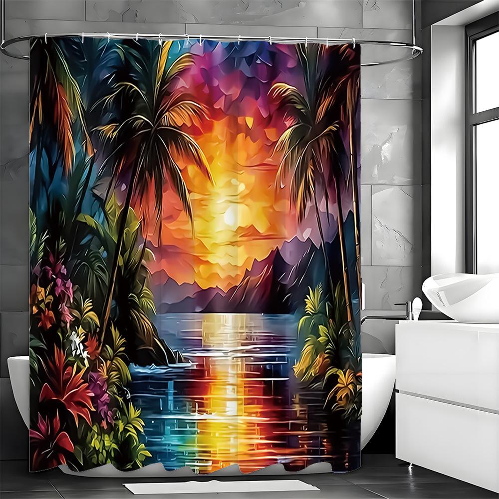 

Tropical Rainforests And The Sunset Shower Curtain Washable Dirt-Resistant Shower Head Waterproof Polyester Bath Curtain W60H190(CM)-1 Pcs