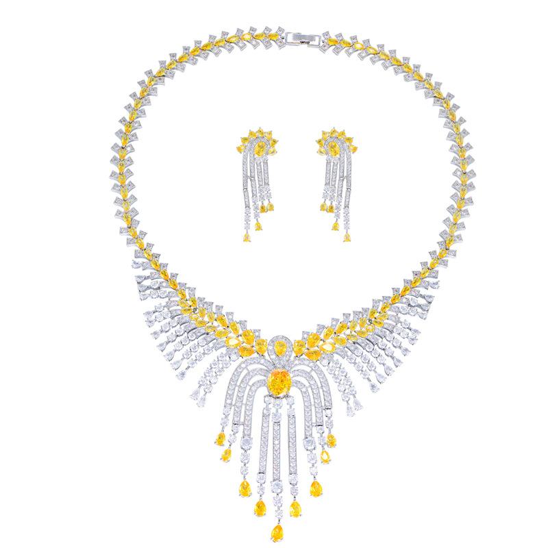 Heavy Industry Super Flash High-End Luxury Tassel Zircon Jewelry Set Dinner Dress Bridal Accessories Necklace Earrings Set Chain