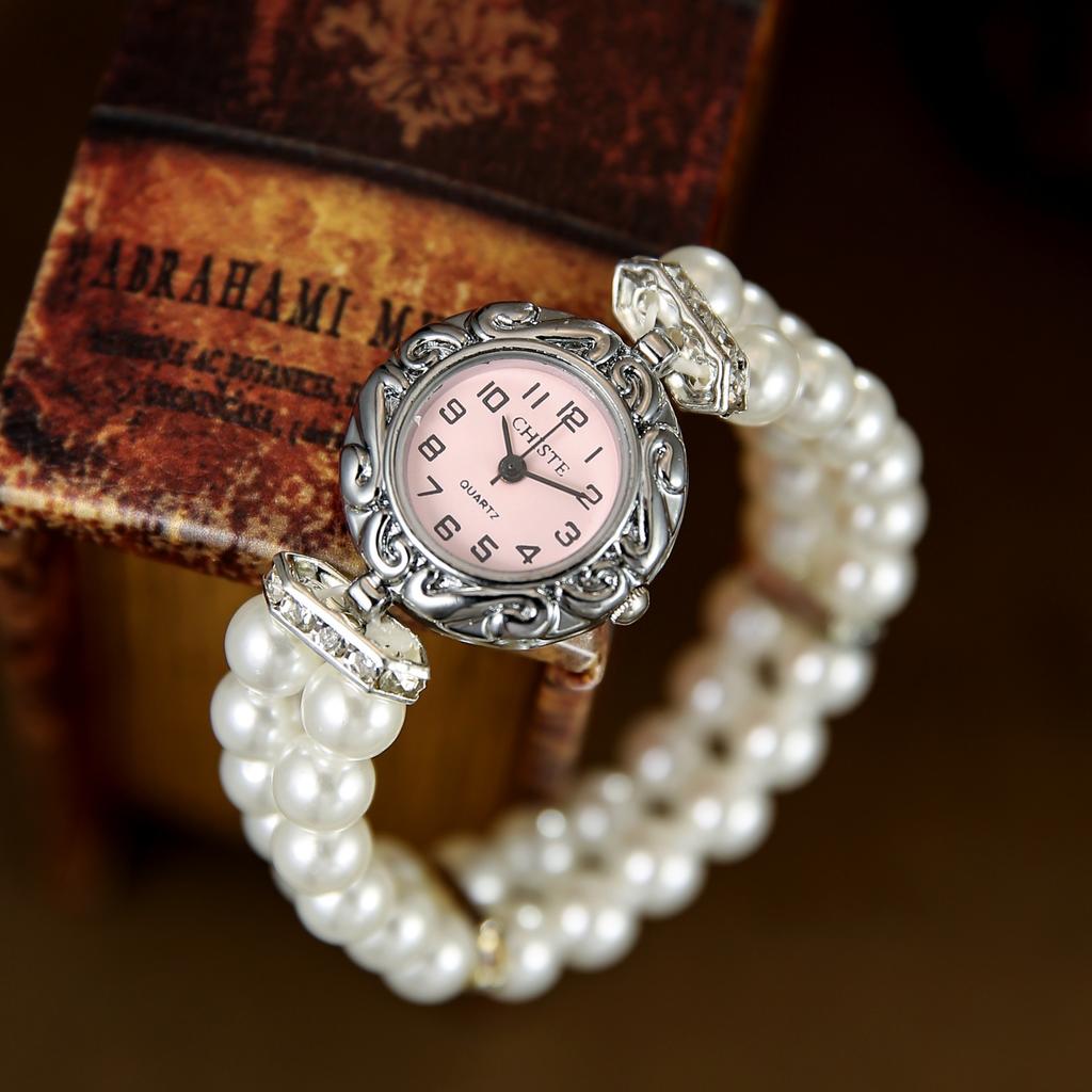 Vintage Double-row Pearl Elastic Strap Watch Kids Arabic Digital Dial Ladies Fashion Students Quartz Watches Girls Wristwatch