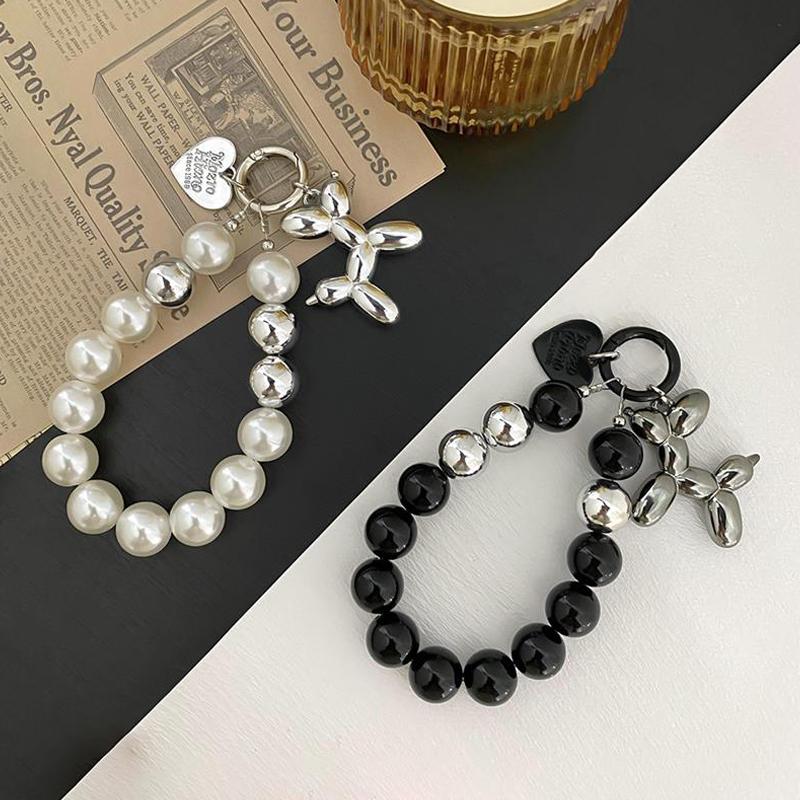 Cute Balloon Puppy Beaded Mobile Phone Chain Charm Girl Heart Light Luxury Keychain Bag Pendant Beaded Hanging Lanyard Accessory