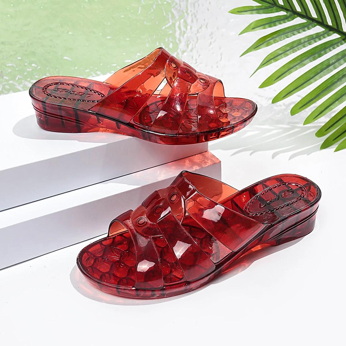 

Летняя уличная обувь Хрустальные шлепанцы Женские 2025 Новые Прозрачные с полым носком Повседневные сандалии шлепанцы Быстросохнущие с отверстиями 37 бордовый