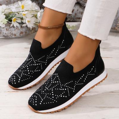 Summer New Large-size Women's Thick-soled Rhinestone Fly-woven Sneakers Style Foot Casual Shoes