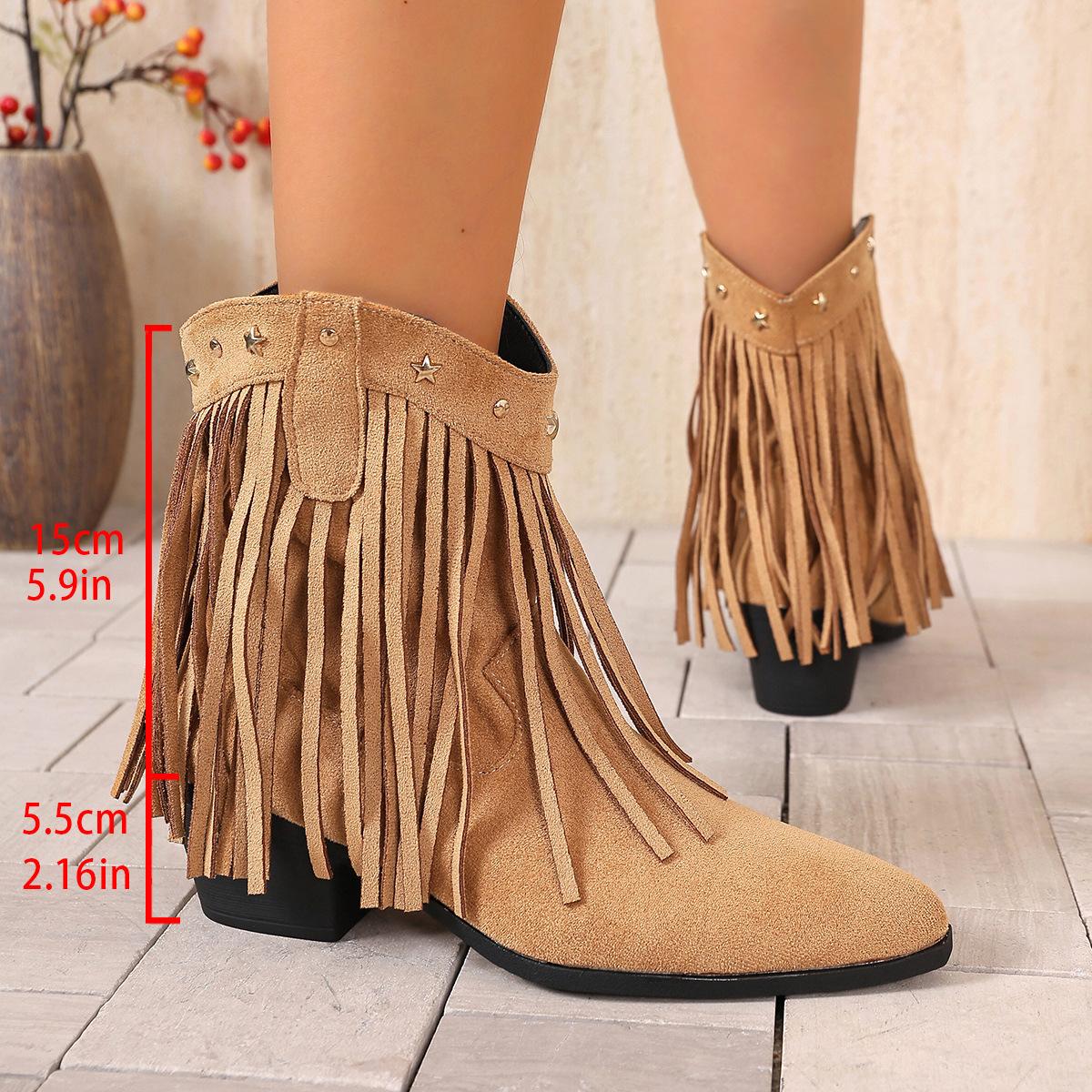 

Large size retro fringed boots single boots 22 new pointed sleeve thick heel middle heel western boots short boots 42