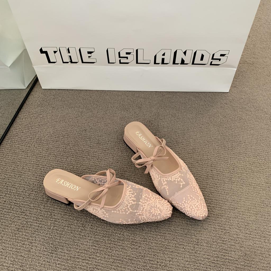 Gentle Lace Square Head Bow High Heels Women's Outer Wear Bag Head Half Slippers Niche Light Mouth Muller Cool Slippers