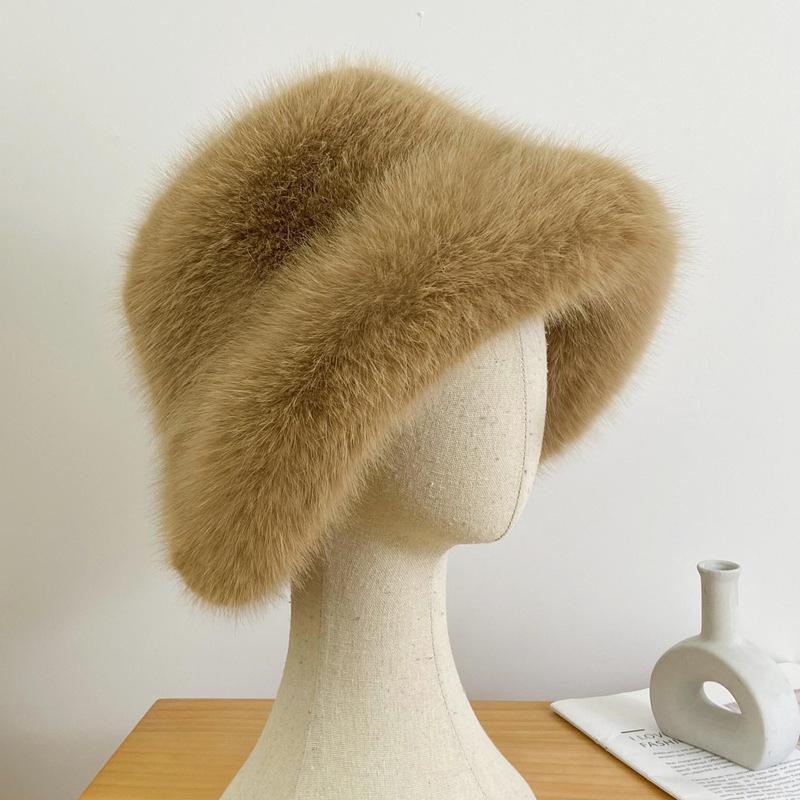 Autumn and winter imitation fox hair bucket hat women's cold and warm ear protection Mongolian hat fashion show small face